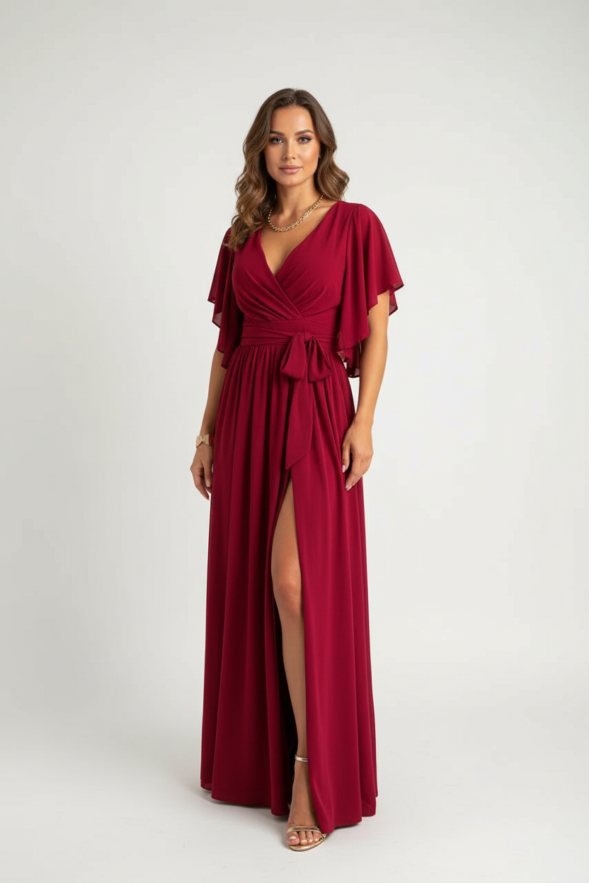 Wrap Waist Maxi Dress with Flutter Sleeves