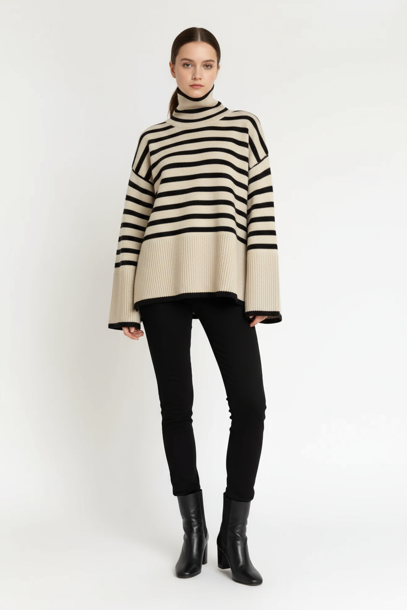 Striped Turtleneck Sweater Women Relaxed Fit Soft Knit