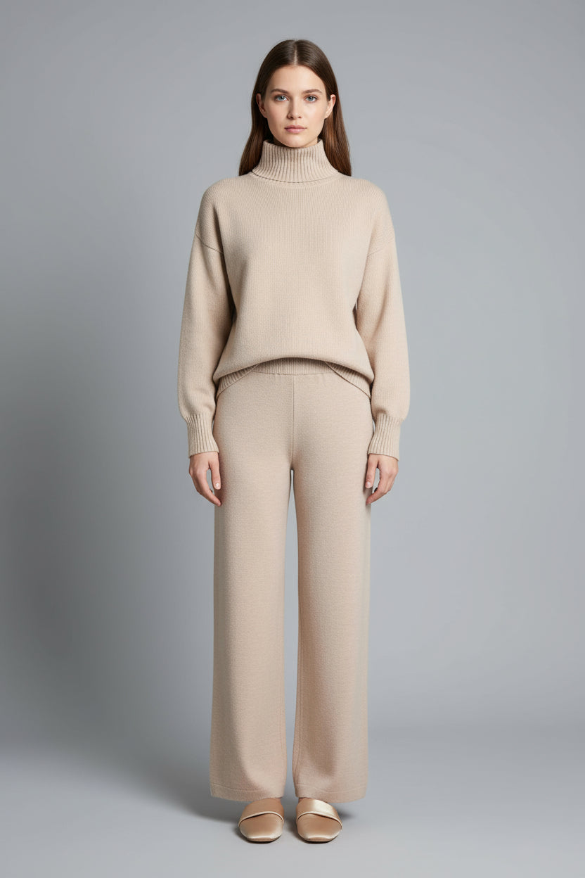 Plain Turtleneck Knit Pants Set Soft Touch Comfort Casual Ease