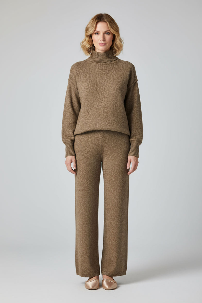 Plain Turtleneck Knit Pants Set Soft Touch Comfort Casual Ease
