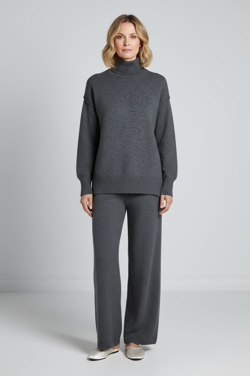 Plain Turtleneck Knit Pants Set Soft Touch Comfort Casual Ease