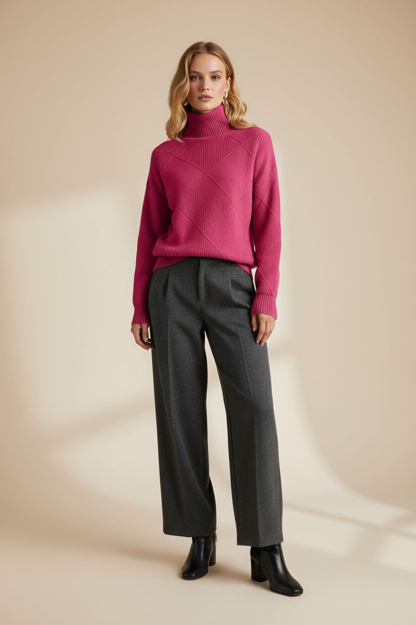 Turtleneck Argyle Sweater Women Soft Wool Elegance in Classic Design