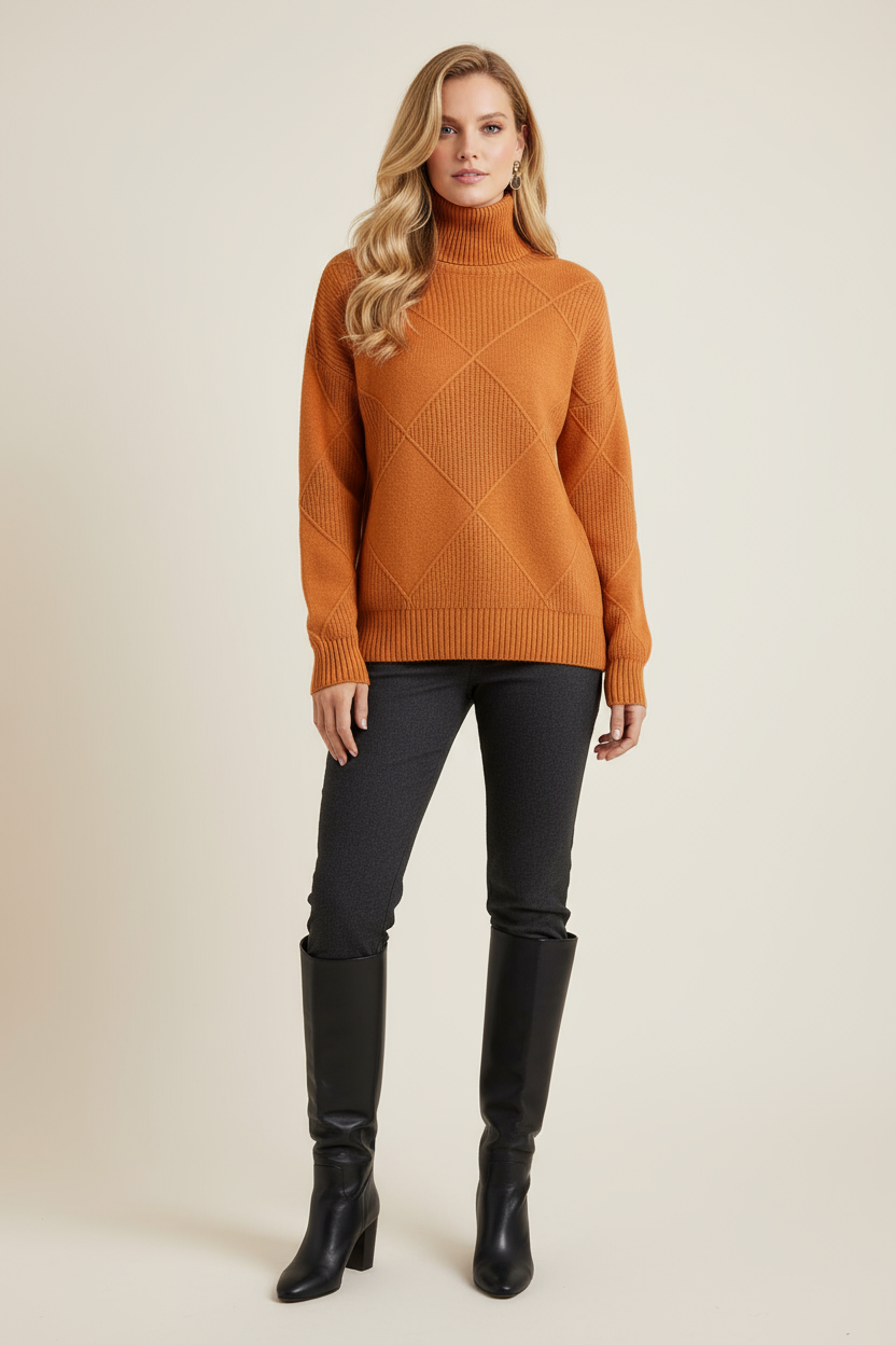 Turtleneck Argyle Sweater Women Soft Wool Elegance in Classic Design