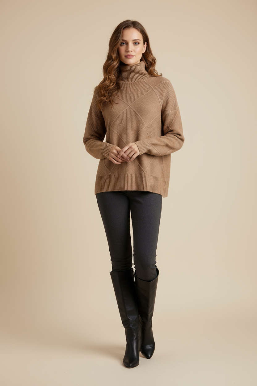 Turtleneck Argyle Sweater Women Soft Wool Elegance in Classic Design