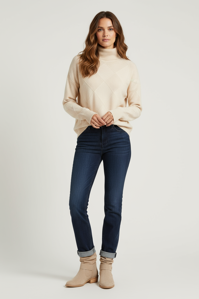 Turtleneck Argyle Sweater Women Soft Wool Elegance in Classic Design