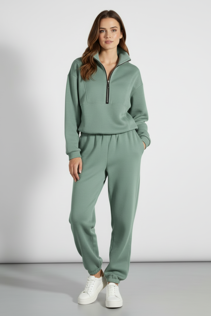 Two Piece Womens Tracksuit Set with Half Zip Top and Jogger Pants