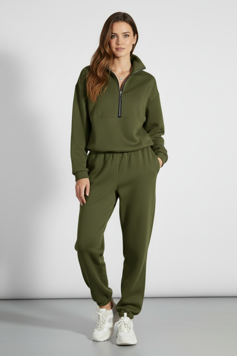 Two Piece Womens Tracksuit Set with Half Zip Top and Jogger Pants