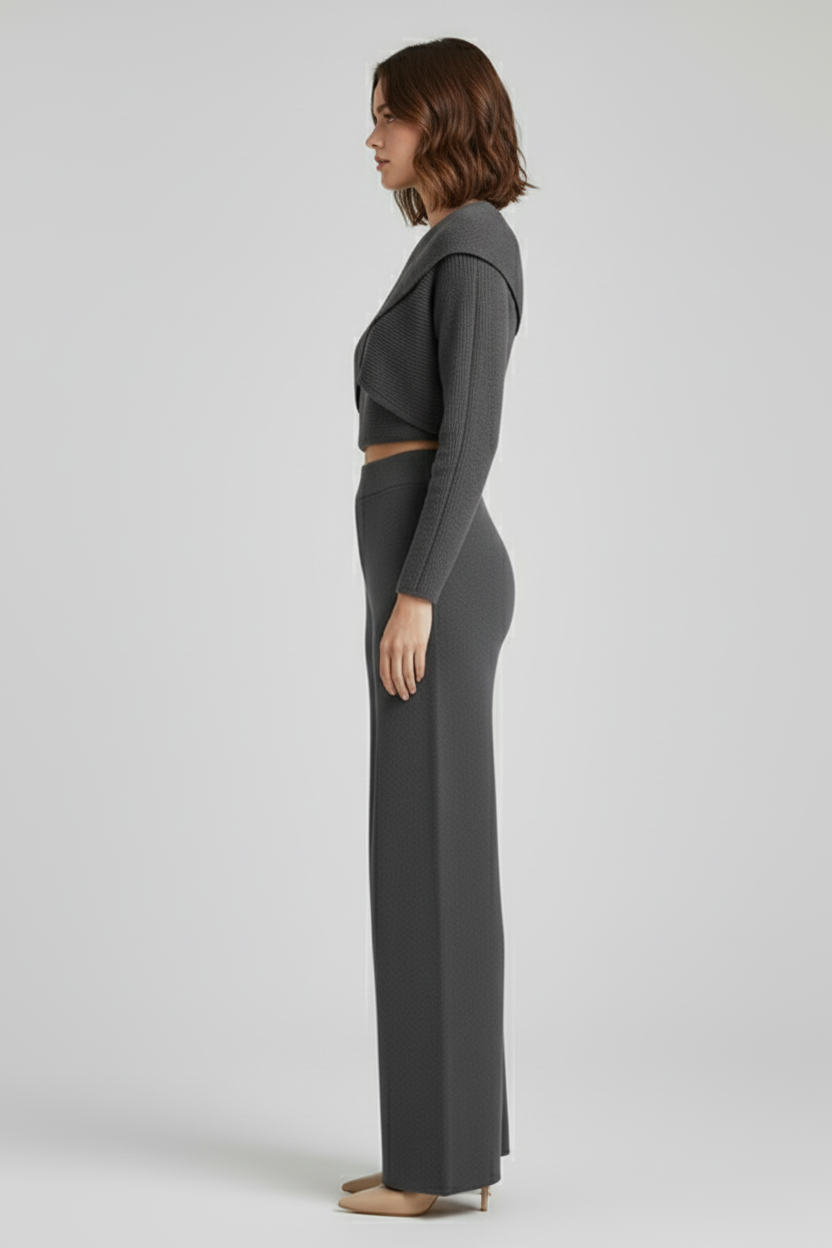 Three Piece Womens Outfit Set with Knit Top and Wide Leg Trousers