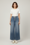 Wide Leg Womens Trousers with Drawstring Waist and Button Detail