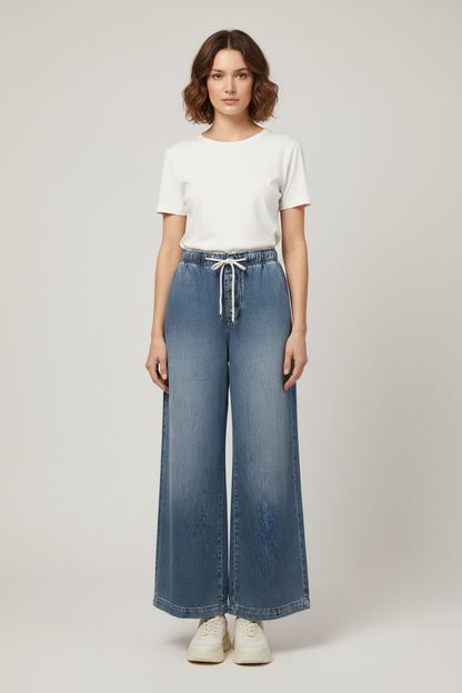 Wide Leg Womens Trousers with Drawstring Waist and Button Detail
