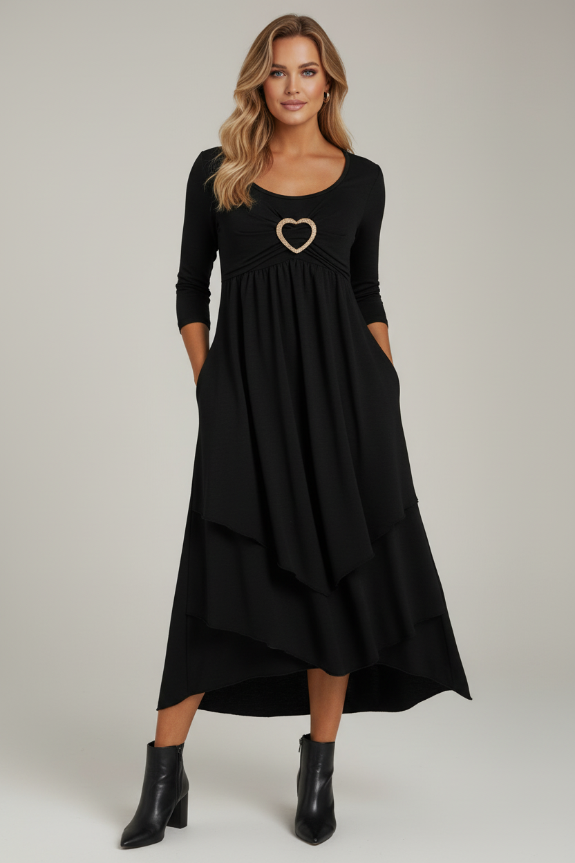 Tiered Midi Dress with Long Sleeves and Heart Detail