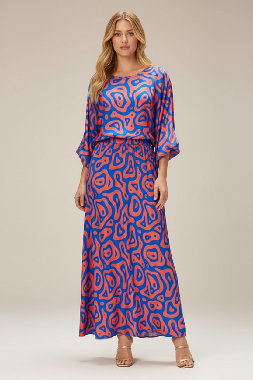 Printed Maxi Dress with V Neck and Tie Waist Detail
