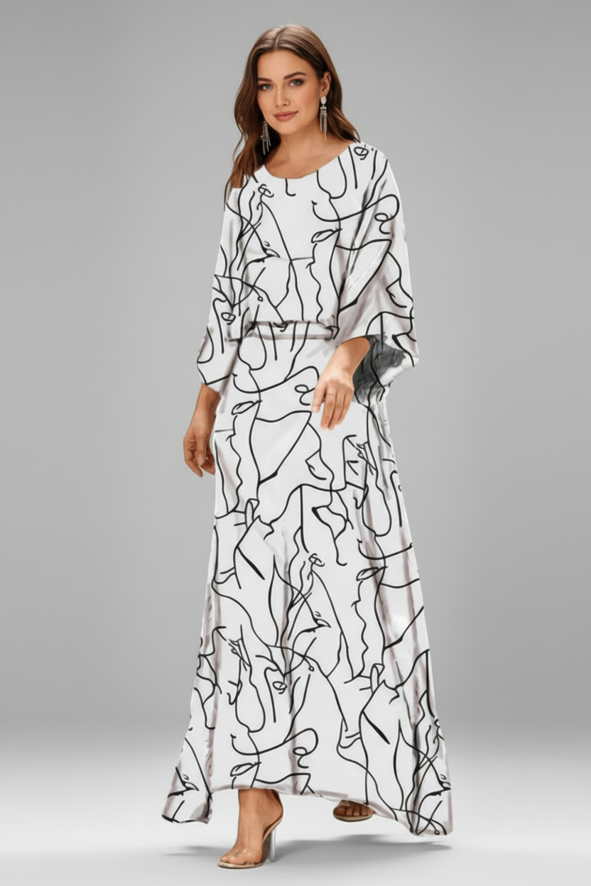 Printed Maxi Dress with V Neck and Tie Waist Detail