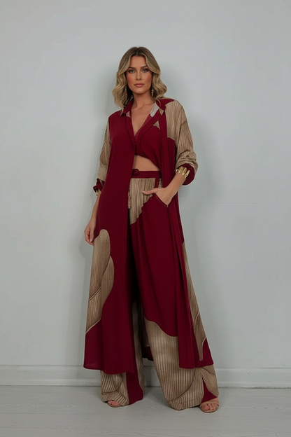 Printed Two Piece Set with Flowing Blouse and Wide Leg Pants