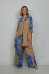 Printed Two Piece Set with Flowing Blouse and Wide Leg Pants