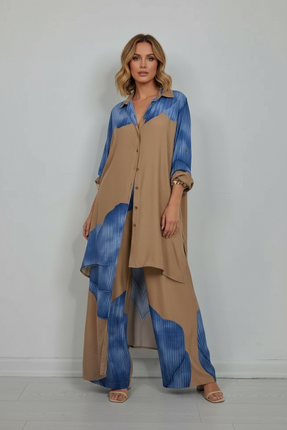 Printed Two Piece Set with Flowing Blouse and Wide Leg Pants