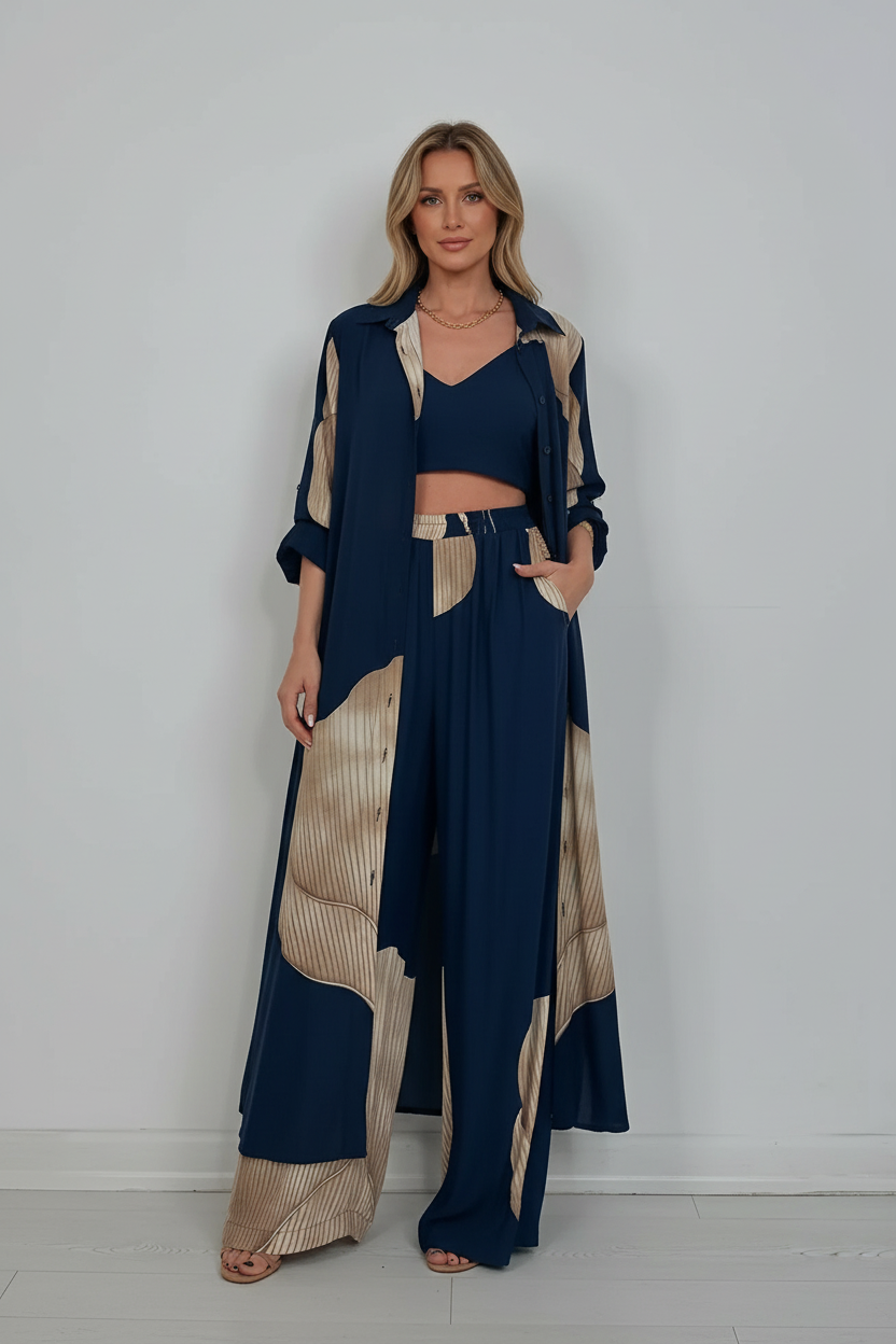 Printed Two Piece Set with Flowing Blouse and Wide Leg Pants