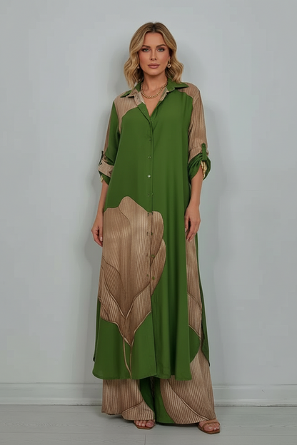 Printed Two Piece Set with Flowing Blouse and Wide Leg Pants