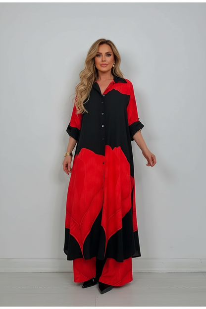 Printed Two Piece Set with Flowing Blouse and Wide Leg Pants