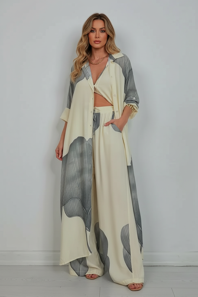 Printed Two Piece Set with Flowing Blouse and Wide Leg Pants