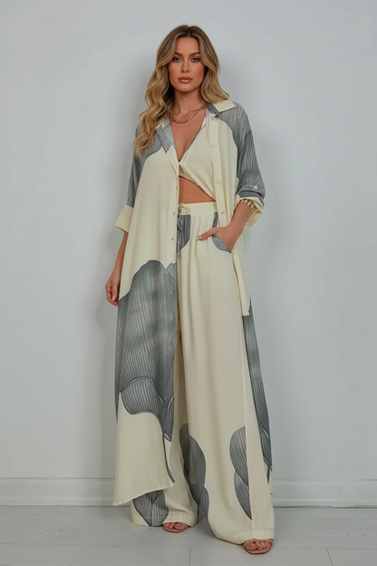 Printed Two Piece Set with Flowing Blouse and Wide Leg Pants