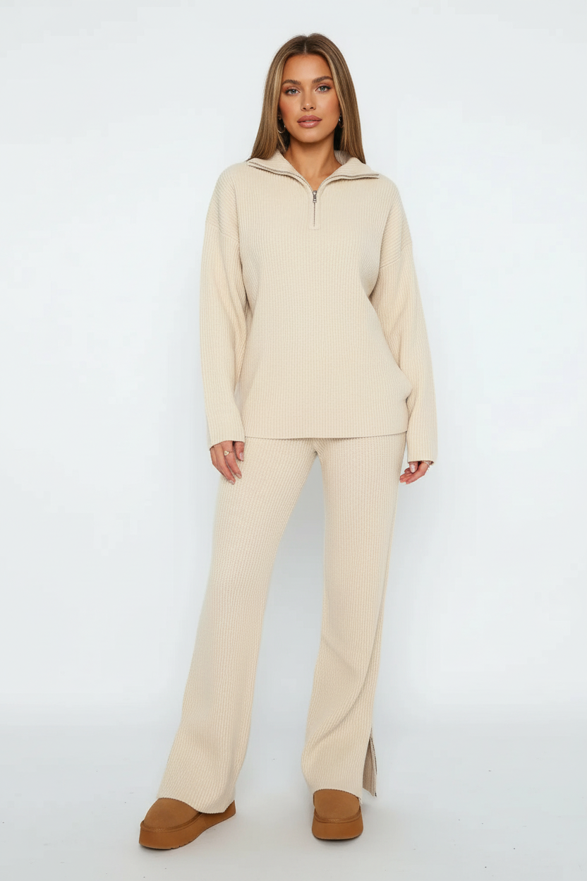Ribbed Lounge Co Ord Set with Half Zip Top and Flared Trousers