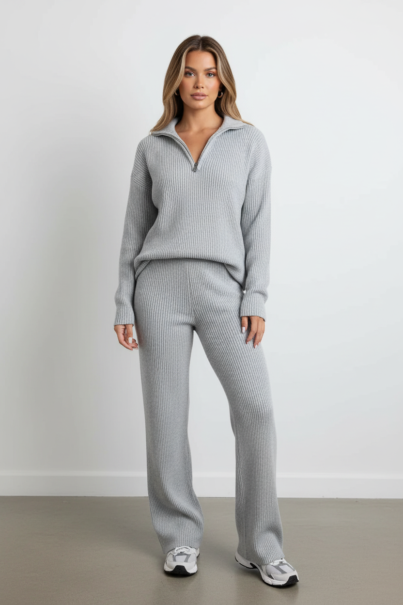 Ribbed Lounge Co Ord Set with Half Zip Top and Flared Trousers