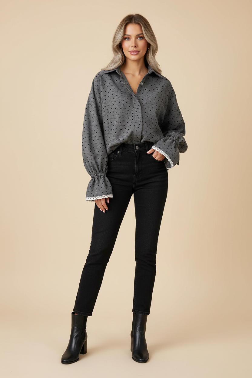 Polka Dot Blouse with Flared Sleeves and Lace Cuffs
