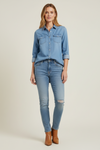 Denim Button Shirt with Chest Pockets and Curved Hem
