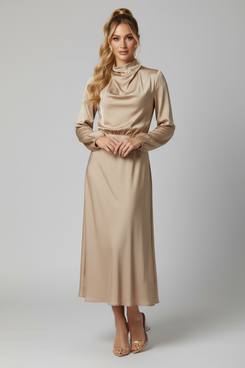 Floor Length Dress Women Elegant A Line with Pleated Detail