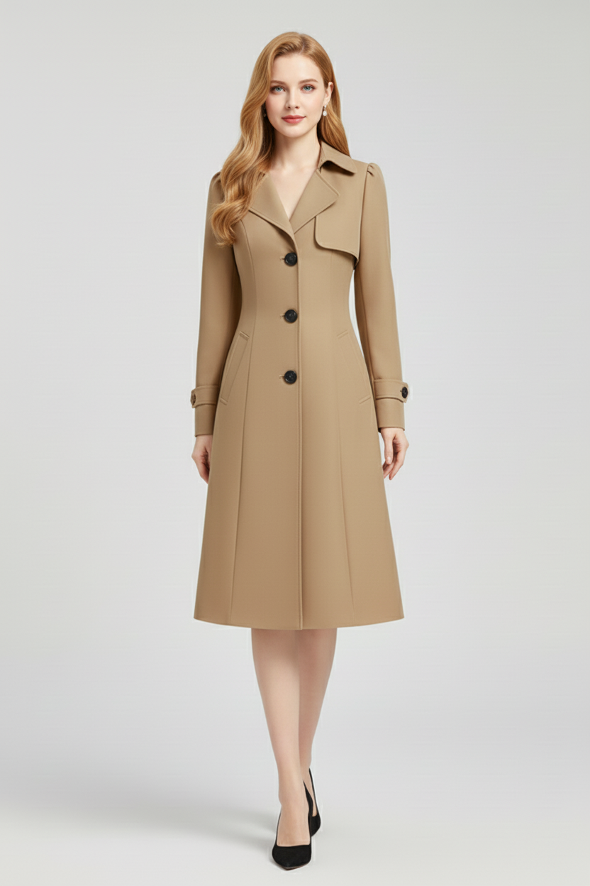 Womens Trench Coat with Notched Lapel and Button Front Fit