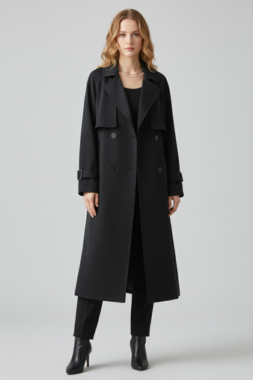 Women’s Trench Coat with Notched Lapel and Double-Button Closure