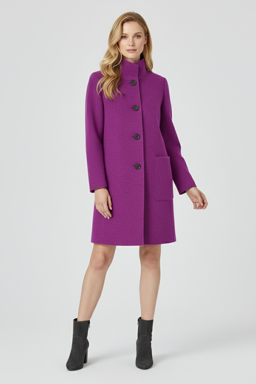 Womens Coat with Round Neckline and Button Front Fit