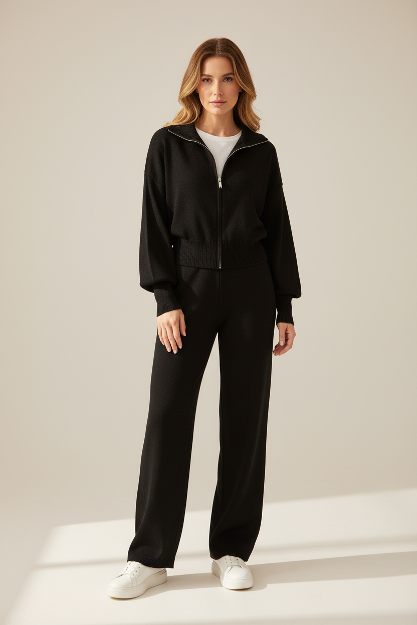 Knitted Zip Jacket and Wide Leg Trousers Two Piece Set