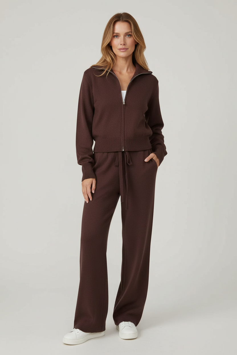 Knitted Zip Jacket and Wide Leg Trousers Two Piece Set