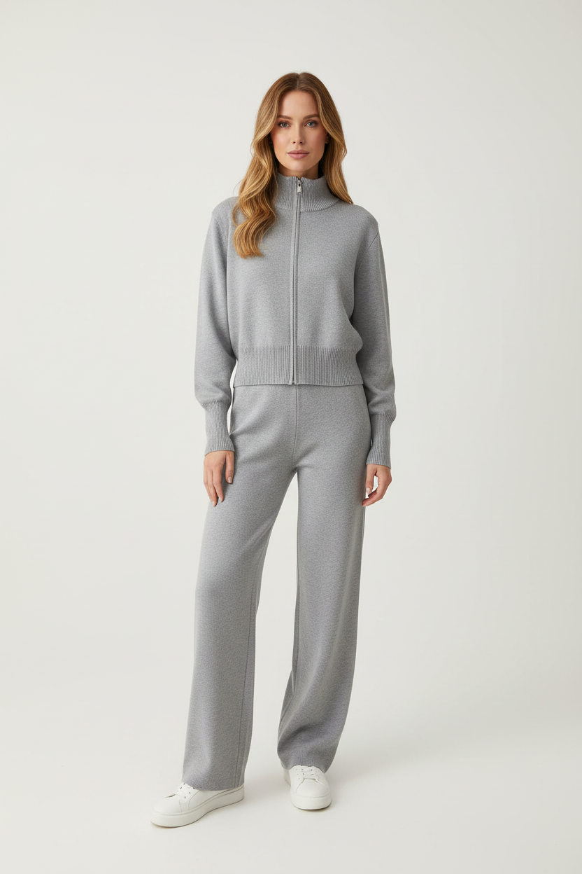 Knitted Zip Jacket and Wide Leg Trousers Two Piece Set