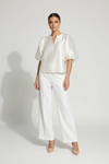 Satin Blouse with Puff Sleeves and Clean Neckline