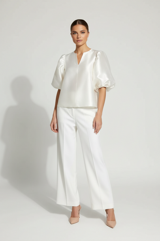 Satin Blouse with Puff Sleeves and Clean Neckline