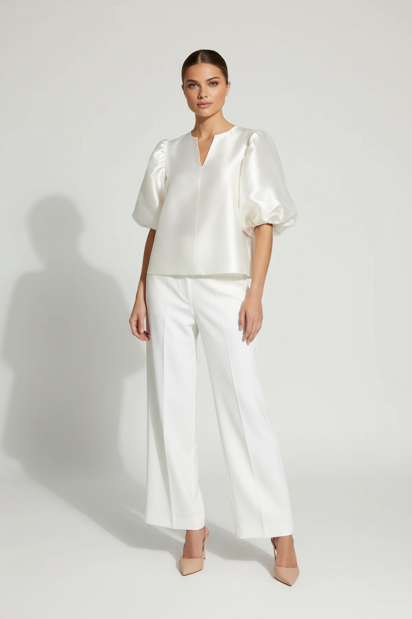 Satin Blouse with Puff Sleeves and Clean Neckline