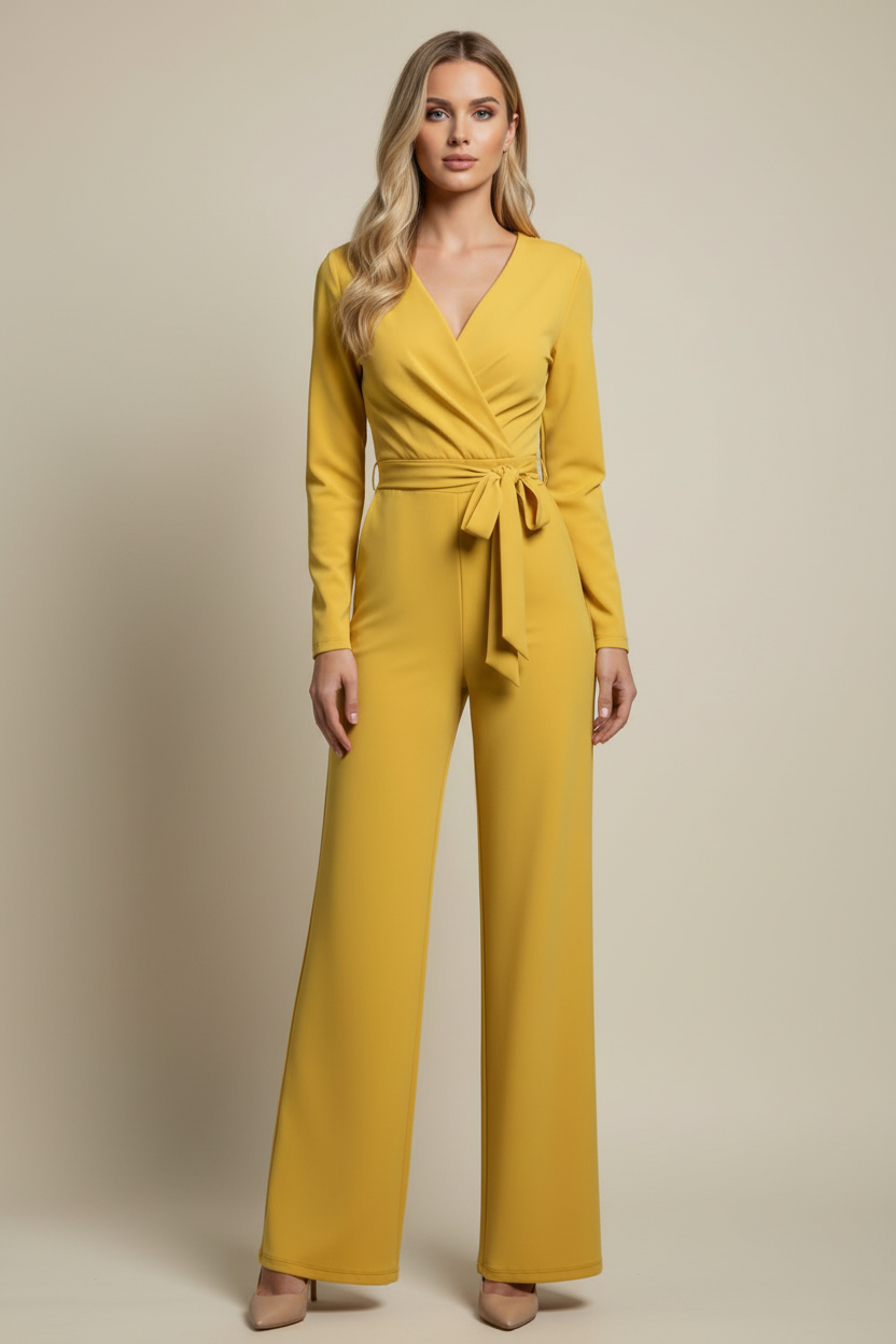V Neck Wrap Jumpsuit with Tie Waist and Wide Leg Fit