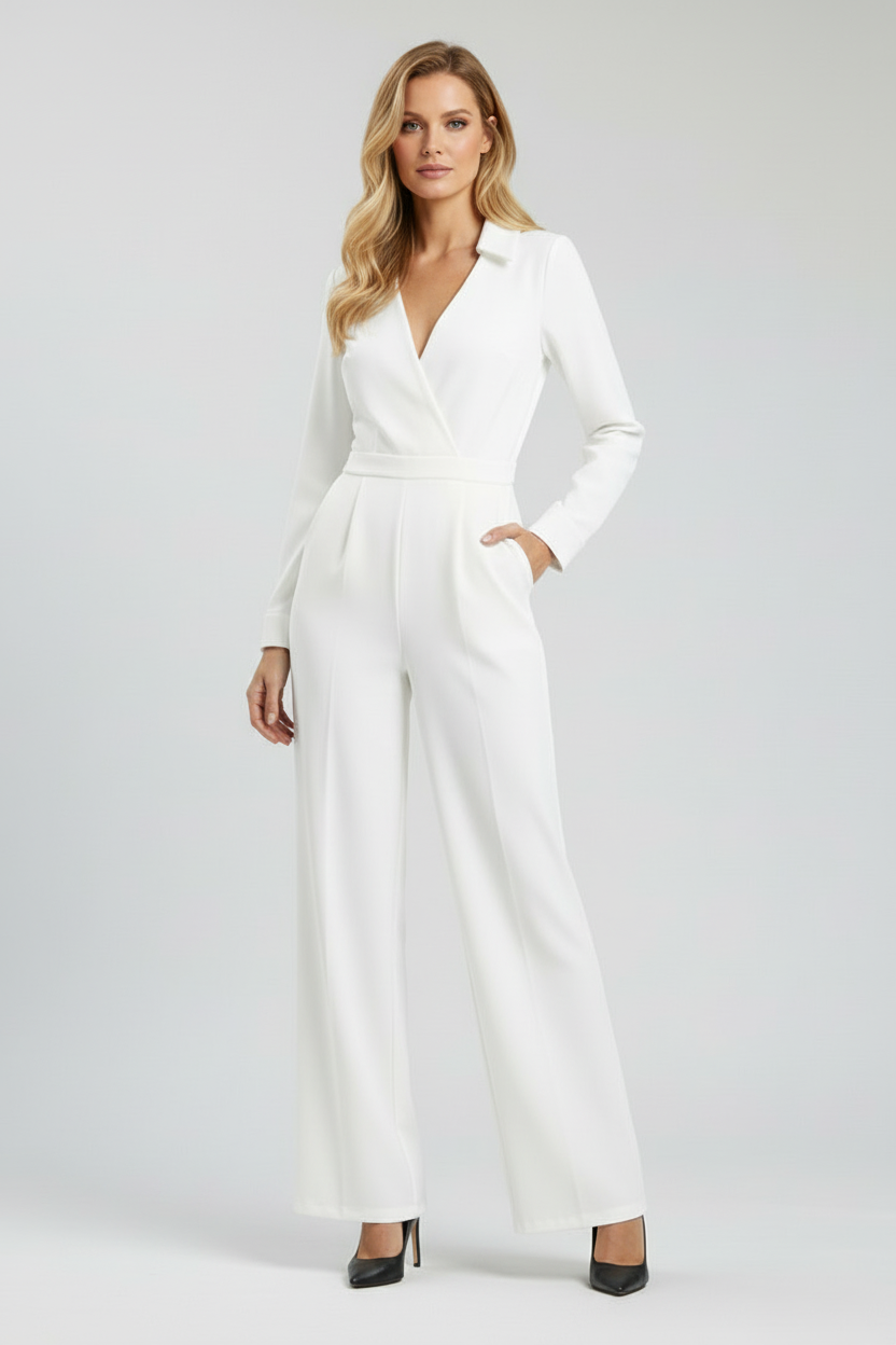 Collared Womens Jumpsuit with Button Front and Wide Legs