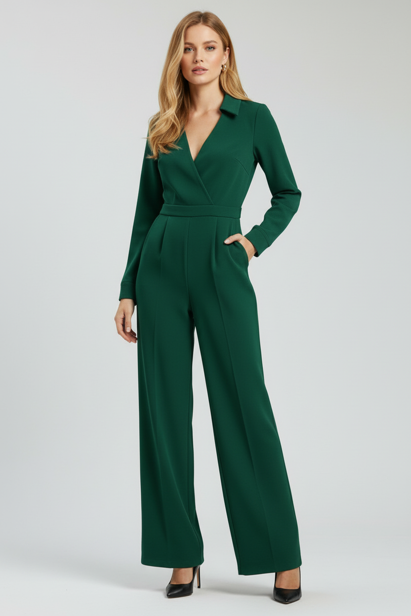 Collared Womens Jumpsuit with Button Front and Wide Legs