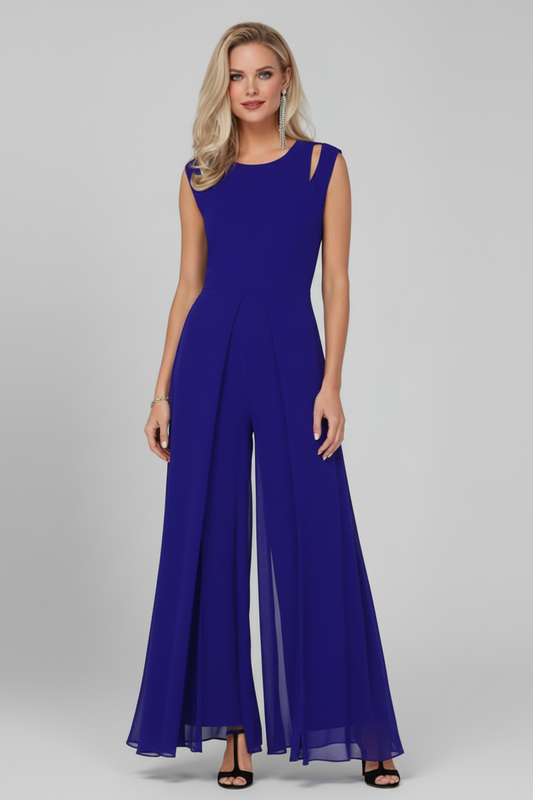 Sleeveless Wide Leg Jumpsuit with Round Neckline and Shaped Waist