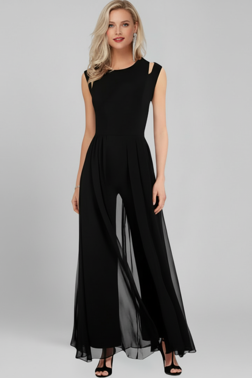 Sleeveless Wide Leg Jumpsuit with Round Neckline and Shaped Waist