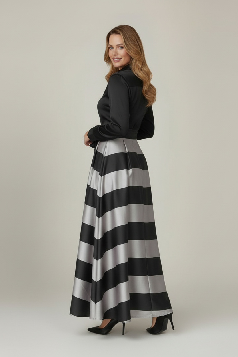 Striped Maxi Dress with Shirt Collar and Belted Waist