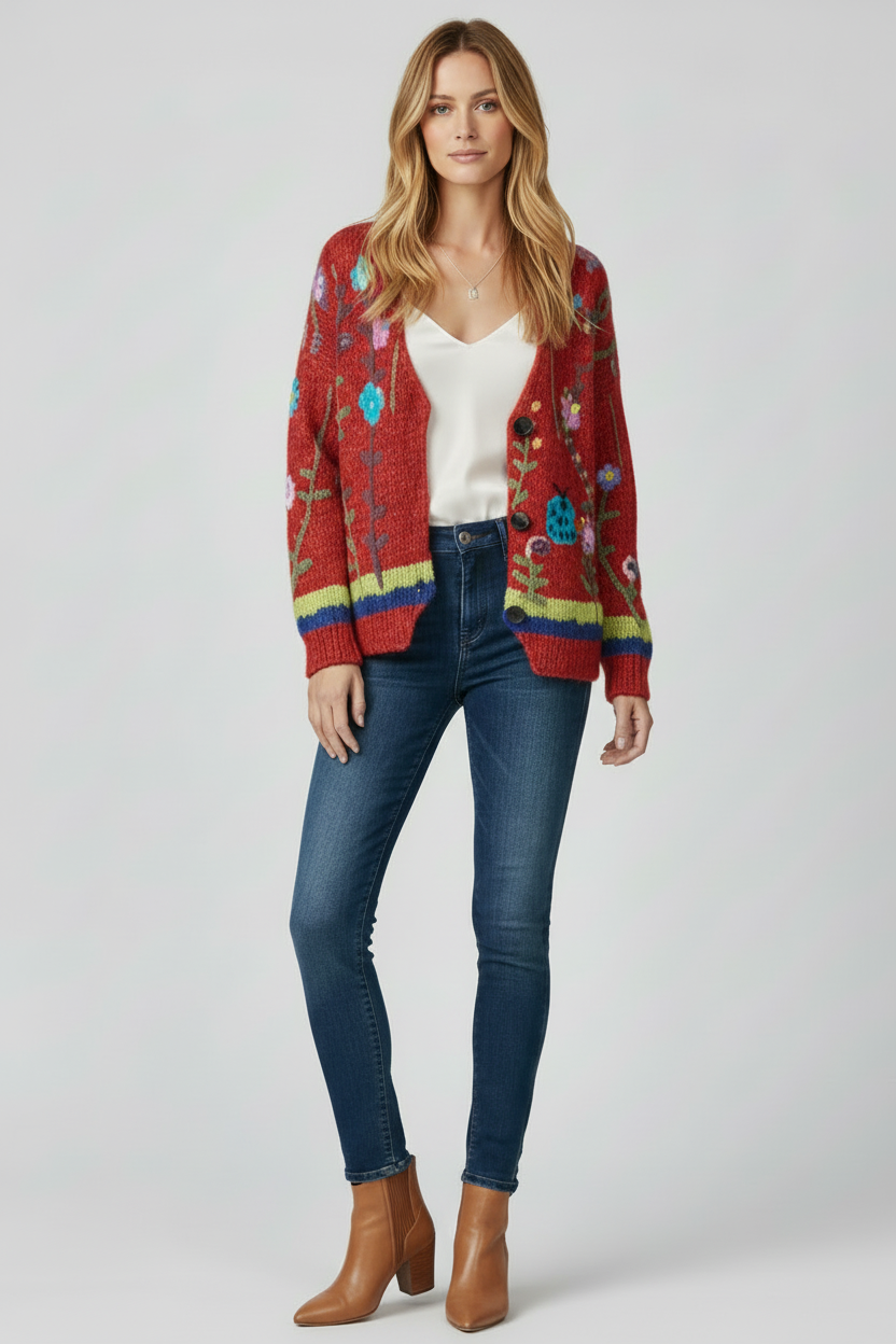 V Neck Womens Cardigan with Patterned Knit Surface Fit