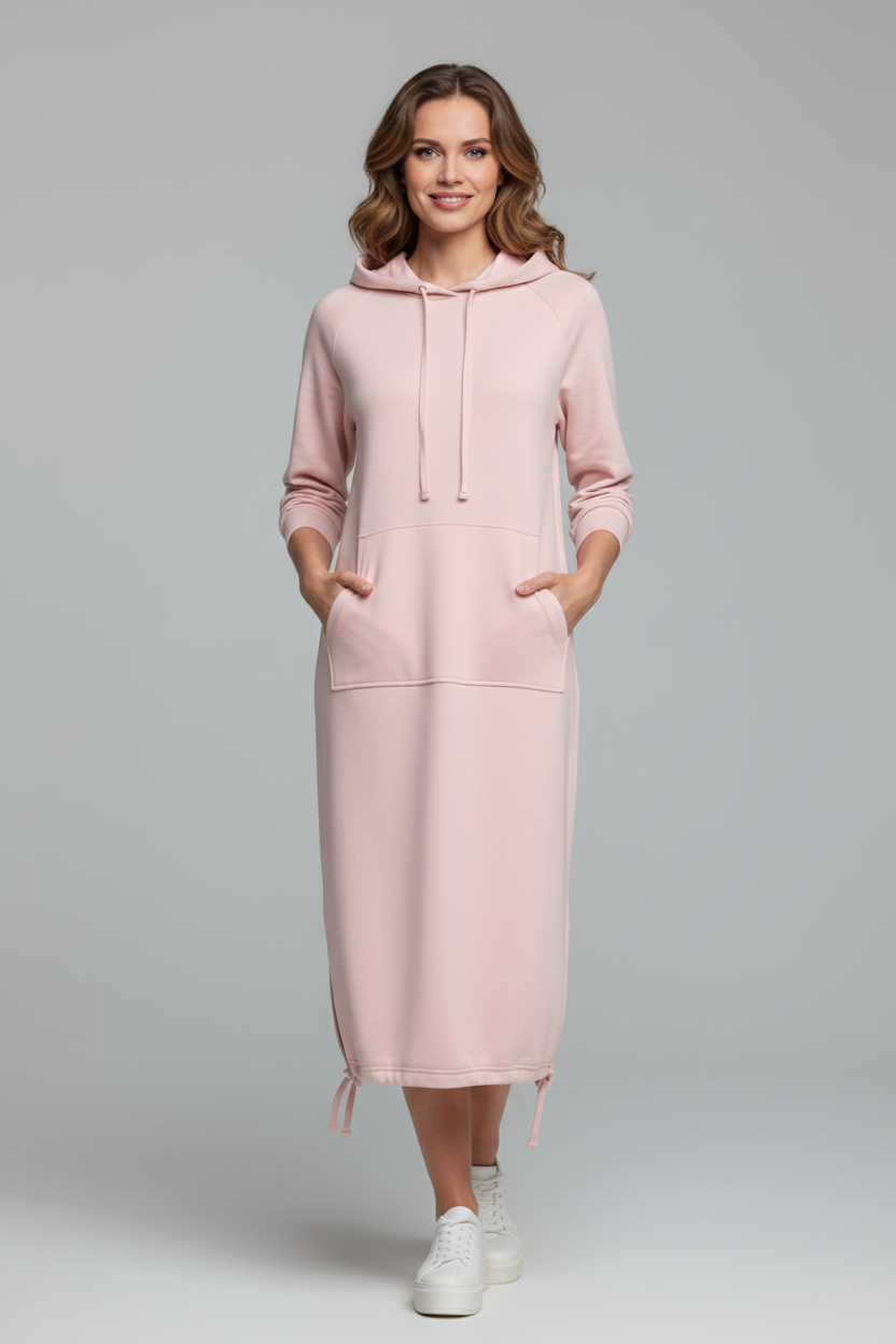 Hooded Knee Length Dress with Drawstring Hem and Front Pocket