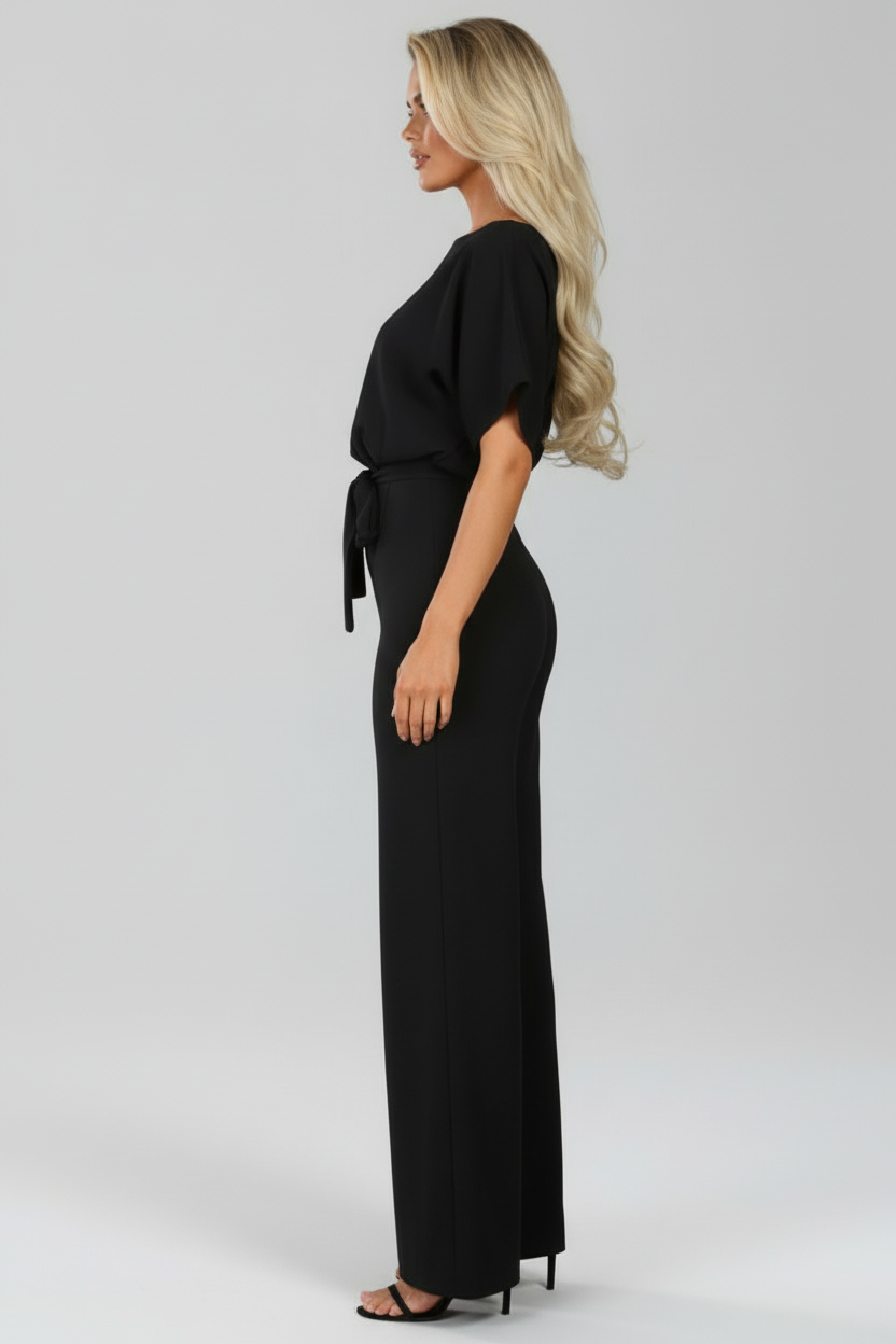 Women’s Short Sleeve Jumpsuit with Waist Tie and Wide Legs