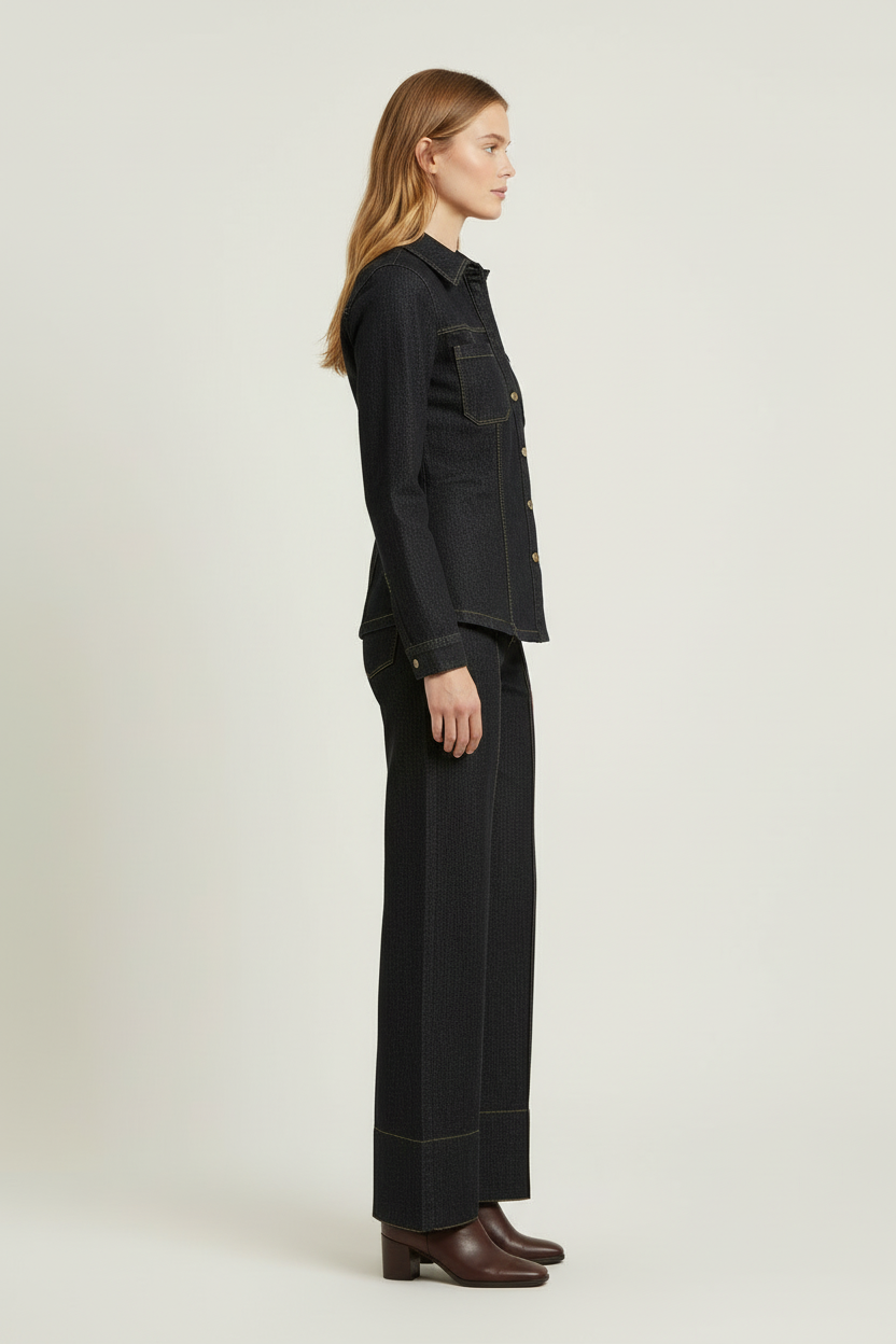 Classic Denim Two Piece Set with Button Jacket and Straight Pants