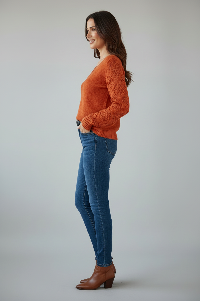 V Neck Knit Jumper with Long Sleeves and Textured Finish